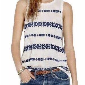 Madewell Tank Top Embroidered Size XS Cream Navy Blue Cotton Boho Aztec